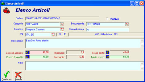 Inserire articoli in anagrafica