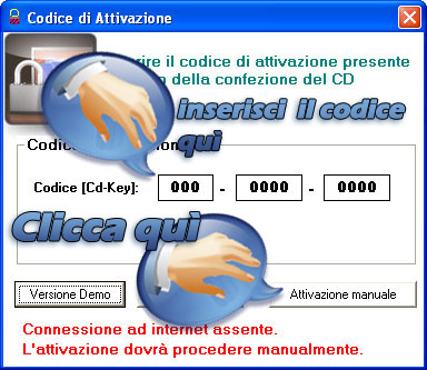 Maschera di inserimento del codice di attivazione